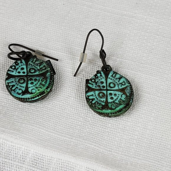 Greek Medallion Green Patina Antique Bronze Cross/Coin Dangle Earrings - Picture 5 of 6